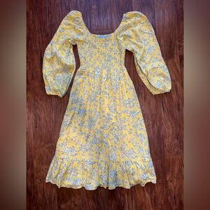 Draper James  yellow floral print smocked midi dress with puff sleeves size XS